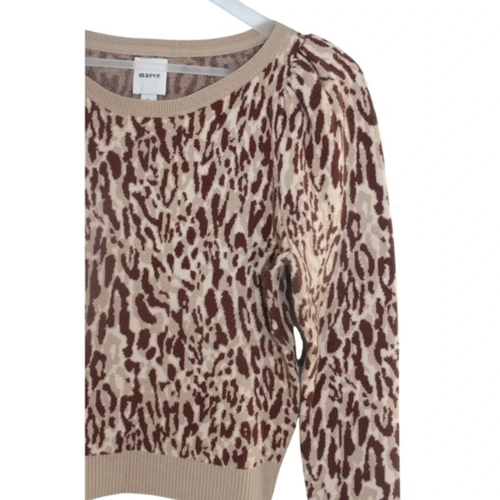 Maeve Pullover Sweater Leopard Print‎ Puff Sleeve Size Small Tan Brown